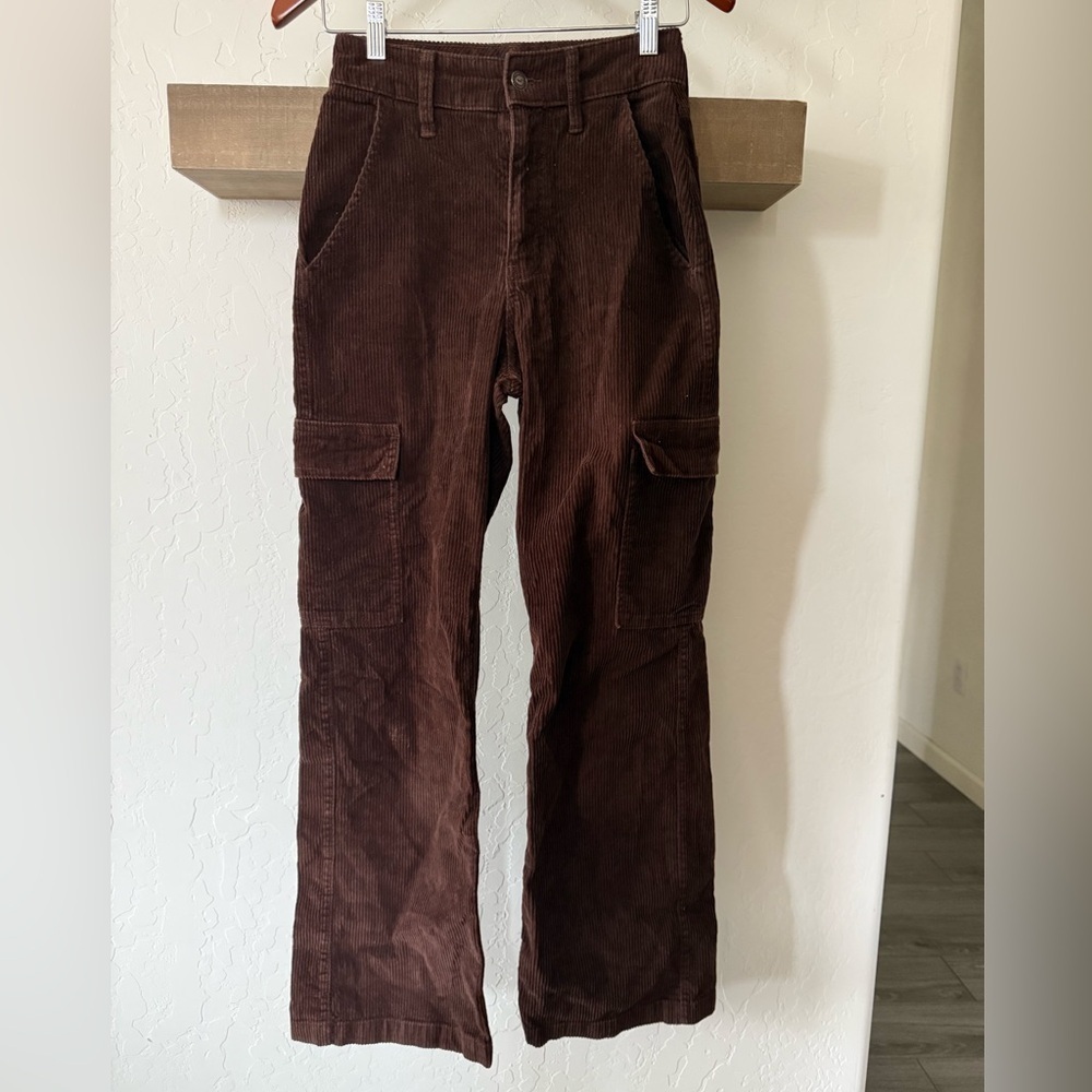 Hollister|Brown corduroy carpenter cargo jeans,ultra high rise baggy pants•••00